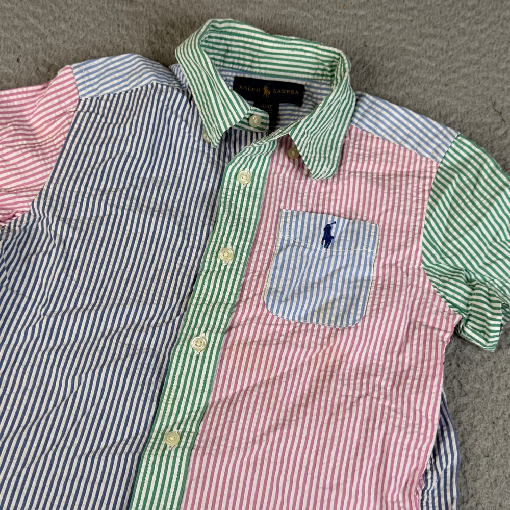 Ralph Lauren Shirt Boys 4/4T Multi Seersucker Button Striped Pony Colorblock